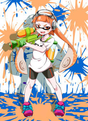 Rule 34 | 1girl, bad id, bad pixiv id, bike shorts, blush, blush stickers, container, full body, headphones, holding, holding weapon, ink tank (splatoon), inkling, inkling girl, inkling player character, long hair, looking at viewer, matching hair/eyes, nintendo, open mouth, orange eyes, orange hair, paint splatter, pointy ears, shimo (shimo 00), shirt, shoes, single vertical stripe, smile, sneakers, solo, splatoon (series), splatoon 1, splattershot (splatoon), super soaker, t-shirt, tentacle hair, weapon
