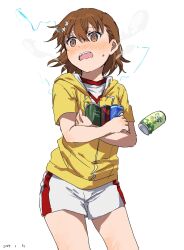 Rule 34 | 1girl, @ @, blush, brown eyes, brown hair, can, dated, drink can, electricity, floating hair ornament, flower, hair between eyes, highres, holding, holding can, jacket, misaka mikoto, open mouth, shirt, short shorts, short sleeves, shorts, simple background, soda can, standing, sweat, takatisakana, toaru majutsu no index, tomboy, white background, white flower, white shirt, white shorts, yellow jacket