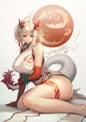 Rule 34 | 1girl, absurdres, arknights, arm tattoo, bare shoulders, bead bracelet, beads, bracelet, braid, breasts, china dress, chinese clothes, colored skin, dragon, dragon girl, dragon horns, dragon tail, dress, ear piercing, earrings, eastern dragon, fur-tipped tail, high heels, highres, horns, jewelry, large breasts, leg tattoo, long hair, mazel (mazel star), multicolored hair, nian (arknights), nian (unfettered freedom) (arknights), no panties, official alternate costume, parted lips, piercing, pointy ears, ponytail, purple eyes, red hair, red skin, sitting, sleeveless, sleeveless dress, solo, streaked hair, tail, tassel, tassel earrings, tattoo, thick thighs, thighs, white dress, white footwear, white hair