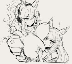 Rule 34 | 2girls, animal ears, arknights, breast envy, grabbing another&#039;s breast, breast press, breasts, grabbing, head on chest, headset, huge breasts, long hair, looking at another, looking to the side, melon22, multiple girls, nearl (arknights), platinum (arknights), ponytail, sketch, standing
