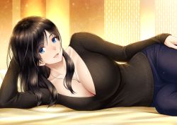 Rule 34 | 1girl, black hair, black sweater, blue eyes, blue pants, breasts, cleavage, commentary request, denim, hand in own hair, huge breasts, jeans, jewelry, lioreo, long hair, long sleeves, looking at viewer, lying, mizuhara yumeno (lioreo), necklace, on side, open mouth, original, pants, ribbed sweater, solo, sweater
