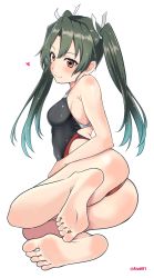 Rule 34 | 1girl, absurdres, aiuti, ass, barefoot, black one-piece swimsuit, brown eyes, commentary request, competition swimsuit, dark green hair, highleg, highleg swimsuit, highres, huge filesize, incredibly absurdres, kantai collection, long hair, lying, on side, one-piece swimsuit, ribbon, simple background, solo, swimsuit, twintails, twitter username, white background, white ribbon, zuikaku (kancolle)