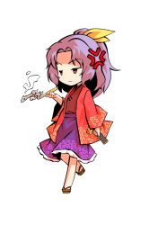 Rule 34 | 1girl, annoyed, brown footwear, closed mouth, dairi, hair ribbon, hand fan, hand up, holding, holding fan, japanese clothes, kimono, komakusa sannyo, medium hair, multicolored clothes, ponytail, purple hair, red eyes, ribbon, simple background, solo, standing, tachi-e, touhou, transparent background, white background, yellow ribbon