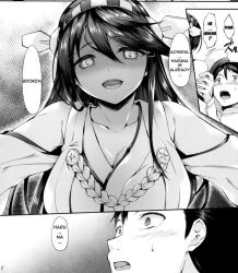 Rule 34 | 10s, 1boy, 1girl, admiral (kancolle), breasts, greyscale, hard-translated, haruna (kancolle), kantai collection, large breasts, long hair, monochrome, nakano sora, third-party edit, translated, yandere, yandere trance