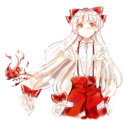 Rule 34 | 1girl, albino, bad id, bad twitter id, bow, expressionless, fire, fujiwara no mokou, hair bow, hair ornament, hair ribbon, hand in pocket, long hair, ofuda, pants, pokan (xz1128), red eyes, ribbon, shirt, short sleeves, simple background, solo, torn clothes, torn sleeves, touhou, urban legend in limbo, white background, white hair