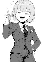 1girl breast_pocket closed_eyes collared_jacket collared_shirt formal_clothes greyscale hand_on_own_hip highres index_finger_raised jacket monochrome necktie omeletricetaro3 open_mouth original pants pocket sharp_teeth shirt short_hair simple_background solo standing suit teeth upper_teeth_only white_background