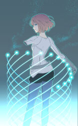 Rule 34 | amputee, black shorts, blue eyes, bob cut, brown hair, cube, dust, energy ball, energy weapon, feet out of frame, floating hair, from behind, gloves, glowing, gradient background, grey gloves, highres, light particles, looking back, nasu rei, nasu squad&#039;s uniform, outstretched arm, pantyhose, parted lips, profile, shirt, shorts, sideways glance, sjw kazuya, skin tight, uniform, white shirt, world trigger