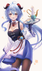 Rule 34 | 1girl, absurdres, ahoge, bare shoulders, black gloves, black pantyhose, blue gloves, blue hair, blush, breasts, chinese knot, cleavage, cup, detached sleeves, flower knot, ganyu (genshin impact), genshin impact, gloves, highres, holding, holding tray, horns, ki 1315, long hair, looking at viewer, medium breasts, official alternate costume, pantyhose, parted lips, purple eyes, red rope, rope, sidelocks, smile, solo, standing, tassel, tray, vision (genshin impact), white sleeves
