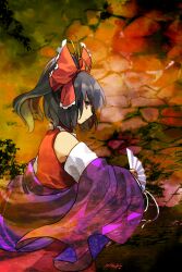 Rule 34 | 1girl, black hair, brown hair, closed mouth, commentary request, detached sleeves, dress, folding fan, frilled ribbon, frills, hair ribbon, hakurei reimu, hand fan, highres, holding, holding fan, kaigen 1025, ponytail, red dress, red ribbon, ribbon, sleeveless, sleeveless dress, solo, touhou, white sleeves