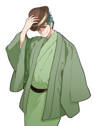 Rule 34 | 1boy, ;), aged up, brown footwear, closed mouth, commentary request, etra-chan wa mita!, green hair, green kimono, hat, holding, holding clothes, holding hat, japanese clothes, kimono, long sleeves, male focus, old, old man, one eye closed, shimizuy418, short hair, simple background, smile, solo, tokusa (etra-chan wa mita!), white background, wide sleeves