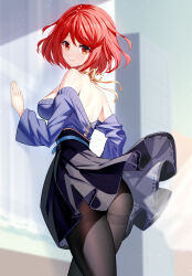 Rule 34 | 1girl, alternate costume, ass, back, bare shoulders, black pantyhose, black skirt, blurry, blurry background, breasts, commentary request, high-waist skirt, highres, large breasts, long sleeves, looking at viewer, looking back, off shoulder, pantyhose, pyra (xenoblade), red eyes, red hair, ririko (zhuoyandesailaer), short hair, skirt, solo, thighband pantyhose, xenoblade chronicles (series), xenoblade chronicles 2