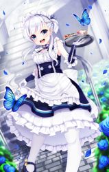 Rule 34 | 1girl, :d, animal, apron, apron hold, azur lane, belfast (azur lane), blue dress, blue eyes, blue flower, blue footwear, blue ribbon, blush, bow, braid, bug, butterfly, checkerboard cookie, commentary request, cookie, cup, dress, dutch angle, elbow gloves, flower, food, frilled apron, frills, gloves, hair ribbon, highres, holding, holding tray, insect, long hair, looking at viewer, maid, maid headdress, mary janes, one side up, open mouth, pantyhose, petals, ribbon, shiira (nya rl), shoes, silver hair, sleeveless, sleeveless dress, smile, solo, stairs, teacup, teeth, tray, upper teeth only, waist apron, white apron, white bow, white gloves, white pantyhose