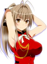 Rule 34 | 1girl, aiguillette, amagi brilliant park, antenna hair, arm up, armpits, bare arms, bare shoulders, black skirt, blush, breasts, brown eyes, brown hair, frilled skirt, frills, hair between eyes, hair intakes, hair ribbon, hara (harayutaka), highres, large breasts, long hair, looking at viewer, miniskirt, open mouth, red shirt, ribbon, sento isuzu, shirt, simple background, skirt, sleeveless, sleeveless shirt, smile, solo, sweat, upper body, white background