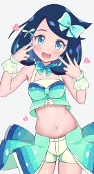 Rule 34 | 1girl, :d, alternate costume, black hair, blue eyes, blush, bow, commentary request, cowboy shot, creatures (company), double w, game freak, hair bow, hands up, head tilt, highres, liko (pokemon), looking at viewer, medium hair, melili, midriff, nail polish, navel, nintendo, open mouth, overskirt, pokemon, pokemon (anime), pokemon horizons, shorts, simple background, smile, solo, vest, w, white background, wrist cuffs