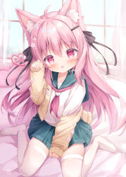 Rule 34 | 1girl, ahoge, animal ear fluff, animal ears, blush, cardigan, chestnut mouth, commission, curtains, fox ears, hair ornament, hairclip, highres, indoors, long hair, long sleeves, looking at viewer, neckerchief, no shoes, open mouth, original, pillow, pink eyes, pink hair, pink neckerchief, ribbon, sailor collar, school uniform, serafuku, shirt, sitting, skeb commission, skirt, solo, thighhighs, wariza, white shirt, white thighhighs, window, yuduki pdx