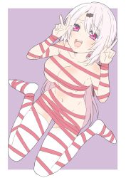 Rule 34 | 1girl, absurdres, bad id, bad twitter id, breasts, collarbone, donguri suzume, double v, groin, hair between eyes, highres, large breasts, long hair, looking at viewer, naked ribbon, navel, nijisanji, open mouth, pink hair, red eyes, ribbon, seiza, shiina yuika, simple background, sitting, solo, thighhighs, v, virtual youtuber, white thighhighs