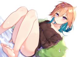 Rule 34 | 1girl, absurdres, bad feet, bare legs, bare shoulders, barefoot, bed sheet, blue hair, blush, breasts, brown hair, brown shirt, collarbone, commentary request, dutch angle, hair between eyes, highres, idolmaster, idolmaster cinderella girls, knees up, long hair, long sleeves, looking at viewer, multicolored hair, neginoki, ninomiya asuka, off-shoulder shirt, off shoulder, parted lips, pina korata, purple eyes, shirt, sleeves past wrists, small breasts, soles, solo, stuffed animal, stuffed toy, two-tone hair, white background