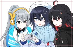 Rule 34 | 3girls, :o, black hair, black jacket, black shirt, blue eyes, blue hair, blue jacket, blue scarf, border, cellphone, character request, closed mouth, colored inner hair, commentary, english commentary, grey eyes, grey hair, hat, highres, holding, holding phone, honkai (series), honkai impact 3rd, jacket, lix (iroiro3843), multicolored hair, multiple girls, open mouth, parted lips, phone, ponytail, red eyes, red hair, scarf, shirt, simple background, smile, streaked hair, white background, white headwear, white jacket