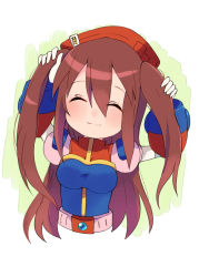 Rule 34 | 1girl, android, bad id, bad pixiv id, beret, blush, breasts, brown hair, cropped torso, closed eyes, facing viewer, gloves, hair between eyes, hat, holding, holding hair, iris (mega man), long hair, medium breasts, miyata (lhr), mega man (series), mega man x (series), simple background, smile, solo, twintails, two side up, upper body, white background, white gloves