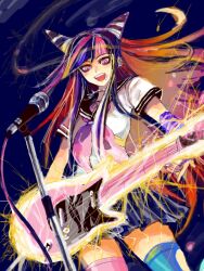 1girl :d artist_request asymmetrical_legwear black_hair black_sailor_collar blue_background blue_hair blue_skirt blush danganronpa_(series) danganronpa_2:_goodbye_despair ear_piercing electric_guitar electricity guitar hair_horns holding holding_guitar holding_instrument instrument long_hair microphone microphone_stand mioda_ibuki mismatched_legwear mouth_piercing multicolored_hair neckerchief open_mouth piercing pink_eyes pink_hair pink_neckerchief sailor_collar school_uniform serafuku shirt skirt smile solo standing teeth upper_teeth_only white_hair white_shirt