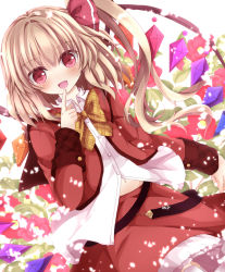 Rule 34 | 1girl, alternate costume, bad id, bad pixiv id, blonde hair, blush, dress, fang, female focus, flandre scarlet, flower, long hair, looking at viewer, nanase nao, navel, no headwear, no headwear, open mouth, red dress, red eyes, side ponytail, solo, touhou, wings