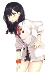 Rule 34 | 10s, 1girl, absurdres, black hair, blush, bow, bowtie, buttons, cardigan, commentary request, cowboy shot, emblem, fingernails, grey eyes, gridman universe, hair behind ear, hand on own hip, hand on own thigh, highres, leaning forward, long hair, long sleeves, looking at viewer, miniskirt, open mouth, pleated skirt, ranf, red bow, red bowtie, school uniform, scrunchie, simple background, skirt, solo, ssss.gridman, standing, takarada rikka, white background, wrist scrunchie