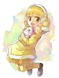 Rule 34 | 10s, 1girl, bad id, bad pixiv id, blonde hair, bow, candy (smile precure!), coat, creature, dress, earmuffs, hairband, kise yayoi, open mouth, pantyhose, pink bow, precure, short hair, smile, smile precure!, unichiri, white hairband, winter clothes, yellow eyes, yellow pantyhose
