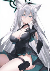 Rule 34 | 1girl, animal ears, black dress, black gloves, blue archive, blue eyes, breasts, choker, closed mouth, cross hair ornament, dark halo, dress, frilled sleeves, frills, gloves, grey hair, hair ornament, halo, hand on own chest, highres, large breasts, long hair, mismatched pupils, saiki komari, shiroko (blue archive), shiroko terror (blue archive), simple background, solo, thigh strap, two-sided dress, two-sided fabric, very long hair, white background, wolf ears