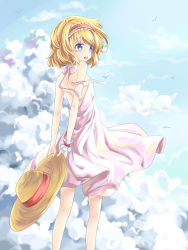 Rule 34 | 1girl, absurdres, alice margatroid, backless dress, backless outfit, bad id, bad pixiv id, bird, blonde hair, blue eyes, cloud, day, dress, female focus, from behind, hairband, hat, highres, looking back, open mouth, ribbon, short hair, solo, sun hat, sundress, touhou, transistor