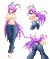 Rule 34 | 1girl, :t, absurdres, animal ears, bad id, bad pixiv id, barefoot, breasts, collarbone, covering privates, covering breasts, cowboy shot, crossed arms, denim, from behind, full body, highres, jeans, long hair, multiple views, navel, pants, purple hair, rabbit ears, rabbit girl, rabbit tail, red eyes, reisen udongein inaba, shiguma (signalmass), sideboob, simple background, tail, topless, touhou, very long hair, white background