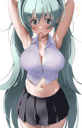 Rule 34 | 1girl, ^^^, alternate breast size, armpits, arms behind head, arms up, black skirt, blue eyes, blue hair, blush, breasts, cleavage, collarbone, collared shirt, cowboy shot, furuyama itaru, hair tie, hatsune miku, large breasts, long hair, looking at viewer, miniskirt, mouth hold, navel, notice lines, pleated skirt, shirt, skirt, sleeveless, sleeveless shirt, solo, twintails, vocaloid, white shirt