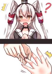 Rule 34 | 10s, 1girl, ?, @ @, ^^^, amatsukaze (kancolle), artist request, bad id, bad pixiv id, blush, brown eyes, full-face blush, hair tubes, highres, jewelry, kantai collection, long hair, p.k.f, ring, silver hair, simple background, thighhighs, two side up, wavy mouth, wedding band