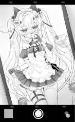 Rule 34 | 1girl, apron, bare shoulders, blush, breasts, cellphone, cleavage, collarbone, covered mouth, detached sleeves, dress, dutch angle, frilled apron, frills, gloves, greyscale, hair between eyes, hair ornament, heart, holding, holding phone, indie virtual youtuber, long hair, maid headdress, mirror, monochrome, nose blush, official art, padko, phone, pleated dress, puffy short sleeves, puffy sleeves, reflection, shiodome oji, short sleeves, small breasts, solo, tail, twintails, very long hair, virtual youtuber, wifi symbol