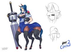 Rule 34 | 1girl, animal ears, blue hair, breasts, centaur, cleavage, english text, gun, handgun, hat, highres, horse ears, horse tail, lance, long hair, monster girl, original, polearm, police, police hat, police uniform, policewoman, ponytail, revolver, ryuusei (mark ii), simple background, solo, tail, taur, thighhighs, uniform, weapon, white background