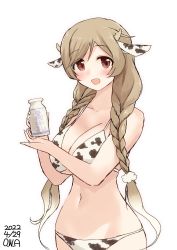Rule 34 | 1girl, animal ears, animal print, artist name, bikini, bottle, braid, breasts, cloud hair ornament, commentary request, cow ears, cow horns, cow print, cowboy shot, dated, fake animal ears, fake horns, gradient hair, highres, horns, kantai collection, large breasts, light brown hair, long hair, low twin braids, milk bottle, minegumo (kancolle), multicolored hair, one-hour drawing challenge, owa (ishtail), red eyes, solo, swimsuit, twin braids, white bikini