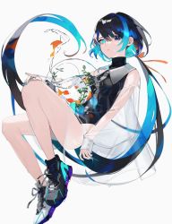 Rule 34 | 1girl, black hair, black shirt, blue eyes, blue hair, blue nails, commentary, fish, fishbowl, full body, goldfish, hair ribbon, heterochromia, highres, invisible chair, knees up, looking at viewer, mizumi zumi, multicolored hair, nail polish, orange ribbon, original, ribbon, see-through, shirt, shoes, simple background, sitting, sneakers, solo, sweat, symbol-only commentary, two-tone hair, water drop, white background