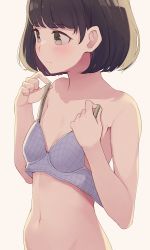 Rule 34 | 1girl, beige background, black eyes, black hair, blush, bra, breasts, closed mouth, collarbone, highres, hiroki (yyqw7151), holding, holding bra, holding clothes, holding underwear, looking away, navel, original, purple bra, simple background, small breasts, solo, underwear