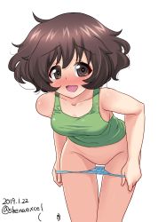 Rule 34 | 1girl, absurdres, akiyama yukari, artist logo, bent over, blue panties, blush, breasts, brown eyes, brown hair, commentary request, dated, girls und panzer, green shirt, groin, highres, leaning forward, looking at viewer, medium breasts, messy hair, no pussy, open mouth, panties, panty pull, pulling own clothes, shiina excel, shirt, short hair, simple background, smile, solo, standing, striped clothes, striped panties, sweatdrop, tank top, thigh gap, thighs, twitter username, underwear, white background