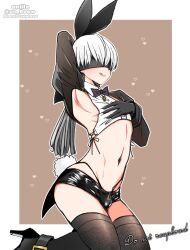 Rule 34 | 1boy, 9s (nier:automata), alternate hairstyle, animal ears, arm up, armpits, artist name, black blindfold, black bow, black bowtie, black footwear, black gloves, black panties, black thighhighs, blindfold, border, bow, bowtie, brown background, bulge, closed mouth, collared shirt, crop top, crossdressing, fake animal ears, fake tail, fine fabric emphasis, full body, gloves, high heels, highleg, highleg panties, highres, kneeling, latex shorts, licking lips, long hair, long sleeves, looking to the side, male focus, nagano rira, navel, nier:automata, nier (series), panties, rabbit tail, see-through, shadow, shirt, short shorts, shorts, shrug (clothing), side-tie shirt, sleeveless, sleeveless shirt, solo, stomach, tail, thighhighs, thighs, tongue, tongue out, trap, twitter username, underwear, white border