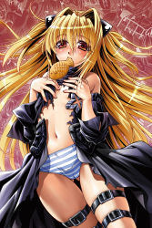 Rule 34 | 1girl, bare shoulders, blonde hair, blush, buckle, chocola (artist), detached sleeves, food, hair ornament, highres, konjiki no yami, long hair, mouth hold, navel, panties, red eyes, solo, striped clothes, striped panties, taiyaki, thigh strap, to love-ru, torn clothes, underwear, very long hair, wagashi