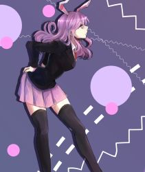 Rule 34 | 1girl, animal ears, bad id, bad pixiv id, black thighhighs, blazer, blue background, extra ears, eyelashes, frown, hands on own hips, haruhi0816, highres, jacket, long hair, looking away, necktie, pleated skirt, polka dot, profile, purple hair, rabbit ears, red eyes, reisen udongein inaba, skirt, solo, thighhighs, touhou, zettai ryouiki