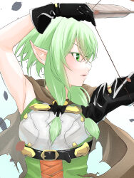 Rule 34 | 1girl, absurdres, arm up, arrow (projectile), black bow, black gloves, bow, bow (weapon), brown cape, cape, colored eyelashes, drawing bow, elf, gloves, goblin slayer!, green eyes, green hair, hair bow, high elf archer (goblin slayer!), highres, holding, holding bow (weapon), holding weapon, looking to the side, parted lips, pointy ears, sidelocks, solo, torn cape, torn clothes, umihisa1204, upper body, weapon