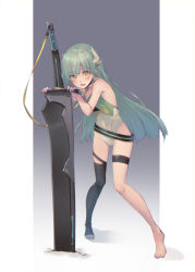 Rule 34 | 1girl, aged down, bare shoulders, commentary request, covered navel, fate/grand order, fate (series), full body, green eyes, hair between eyes, horns, kiyohime (fate), leotard, long hair, looking at viewer, open mouth, oukawa yuu, sleeveless, solo, standing, strapless, strapless leotard, sword, thigh strap, thighhighs, weapon, yellow eyes