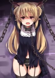 Rule 34 | 1girl, abarabone, arms up, bdsm, black panties, black thighhighs, blonde hair, bondage, bound, chain, d:, fangs, flat chest, garter belt, garter straps, gluteal fold, highres, long hair, long sleeves, looking at viewer, navel, open mouth, original, panties, pointy ears, red eyes, restrained, sidelocks, solo, tearing up, tears, thighhighs, thighs, torn clothes, underwear