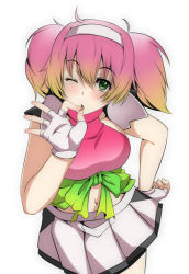 Rule 34 | 1girl, chestnut mouth, clothes around waist, fingerless gloves, gloves, gradient hair, green eyes, hairband, halterneck, hand on own hip, kupala, looking at viewer, midriff, multicolored hair, navel, one eye closed, original, pink hair, pleated skirt, skirt, sleeveless, sweater, sweater around waist, tied sweater, twintails, wink