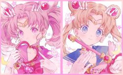 Rule 34 | 2girls, bishoujo senshi sailor moon, blonde hair, blue eyes, blue sailor collar, blush, bow, brooch, chibi usa, choker, crescent, crescent earrings, double bun, earrings, female focus, gem, gloves, hair bun, hair ornament, hano luno, heart, heart choker, highres, holding, holding wand, jewelry, long hair, looking at viewer, mother and daughter, multiple girls, parted bangs, pink bow, pink eyes, pink hair, pink sailor collar, rabbit, sailor chibi moon, sailor collar, sailor moon, smile, star (symbol), tiara, tsukino usagi, twintails, upper body, wand, white background, white gloves