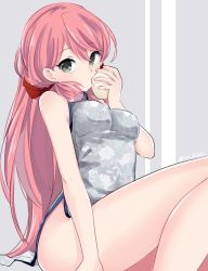 Rule 34 | 10s, 1girl, akashi (kancolle), alternate costume, baozi, bare shoulders, blue eyes, breasts, china dress, chinese clothes, commentary request, dress, eating, food, green eyes, groin, ica, kantai collection, long hair, looking at viewer, medium breasts, no panties, out of frame, pink hair, sitting, solo