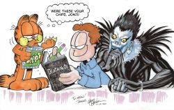 Rule 34 | 2boys, absurdres, animal ears, black hair, book, brown hair, cat, cat ears, cat tail, collarbone, commentary, crossover, dated, death note, death note (object), eating, english commentary, english text, garfield, garfield (character), gary barker, hair behind ear, highres, holding, holding book, holding pencil, jon arbuckle, marker (medium), multiple boys, pencil, ryuk, shinigami, signature, smile, standing, tail, thought bubble, traditional media, what, whiskers, white background