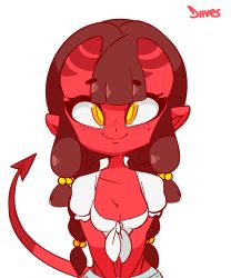 Rule 34 | 1girl, animated, animated gif, artist name, borrowed character, bracelet, braid, breasts, brown hair, cleavage, closed eyes, closed mouth, collarbone, colored skin, crop top, demon girl, demon tail, diives, fangs, female focus, freckles, grin, groin, hair bobbles, hair ornament, hands up, heart, highres, horns, jewelry, long hair, looking at viewer, md5 mismatch, meruccubus (merunyaa), midriff, missing tooth, mole, mole under eye, mouth pull, navel, no humans, open mouth, pointy ears, ponytail, red skin, resolution mismatch, shirt, short sleeves, signature, simple background, small breasts, smile, solo, source smaller, tail, teeth, tied shirt, twin braids, twintails, upper body, v arms, white background, white shirt, yellow eyes