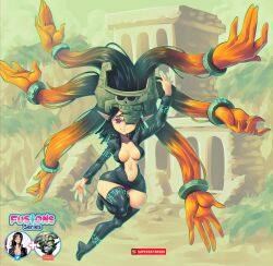 Rule 34 | black hair, black thighhighs, bracelet, breasts, crossover, curvy, fang, floating, floating hair, full body, fusion, gradient hair, grass, hair weapon, handstand, highres, jacket, jewelry, large breasts, leather, leather jacket, legs, long hair, mask, midna, multicolored hair, navel, nico robin, nintendo, one arm handstand, one eye covered, one piece, orange hair, pointy ears, red eyes, skull, smile, structure, supersatanson, the legend of zelda, the legend of zelda: twilight princess, thighhighs, two-tone hair, very long hair